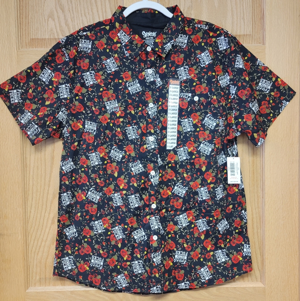 Mens Floral Black "Fresh Outta F*cks" Short Sleeve Button Down Shirt Size XL